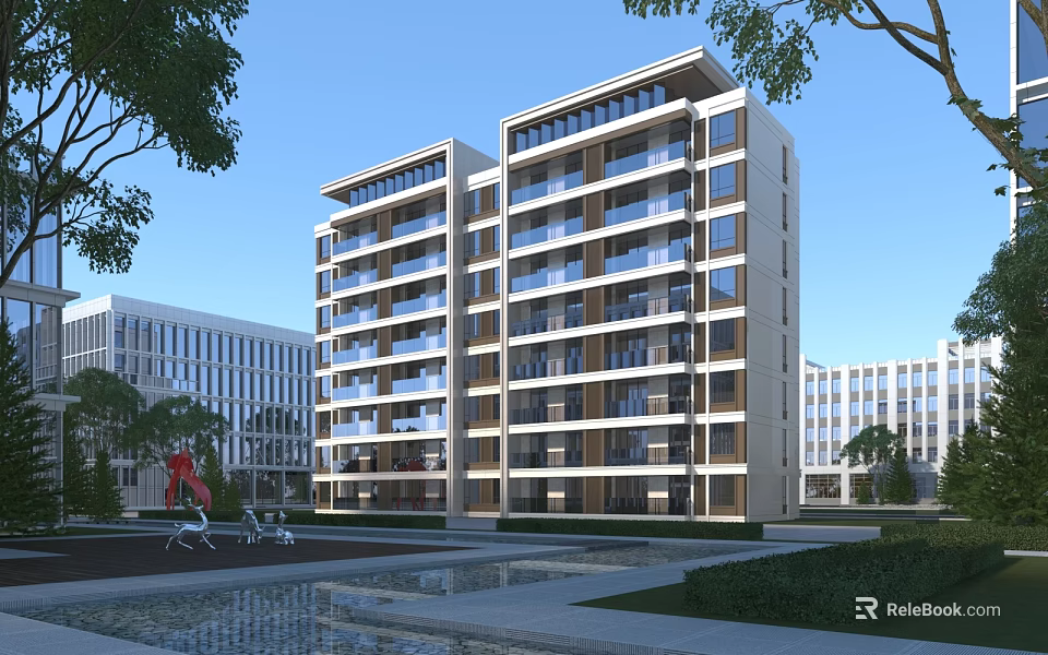 Modern Multi Story School Building Featuring Balconies Greenery Sculpture And Pond In Campus Setting 3d model 