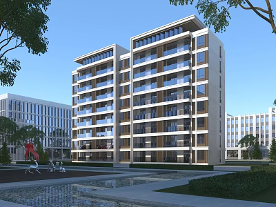 Modern Multi Story School Building Featuring Balconies Greenery Sculpture And Pond In Campus Setting 3d model