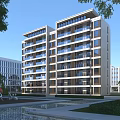 Modern Multi Story School Building Featuring Balconies Greenery Sculpture And Pond In Campus Setting