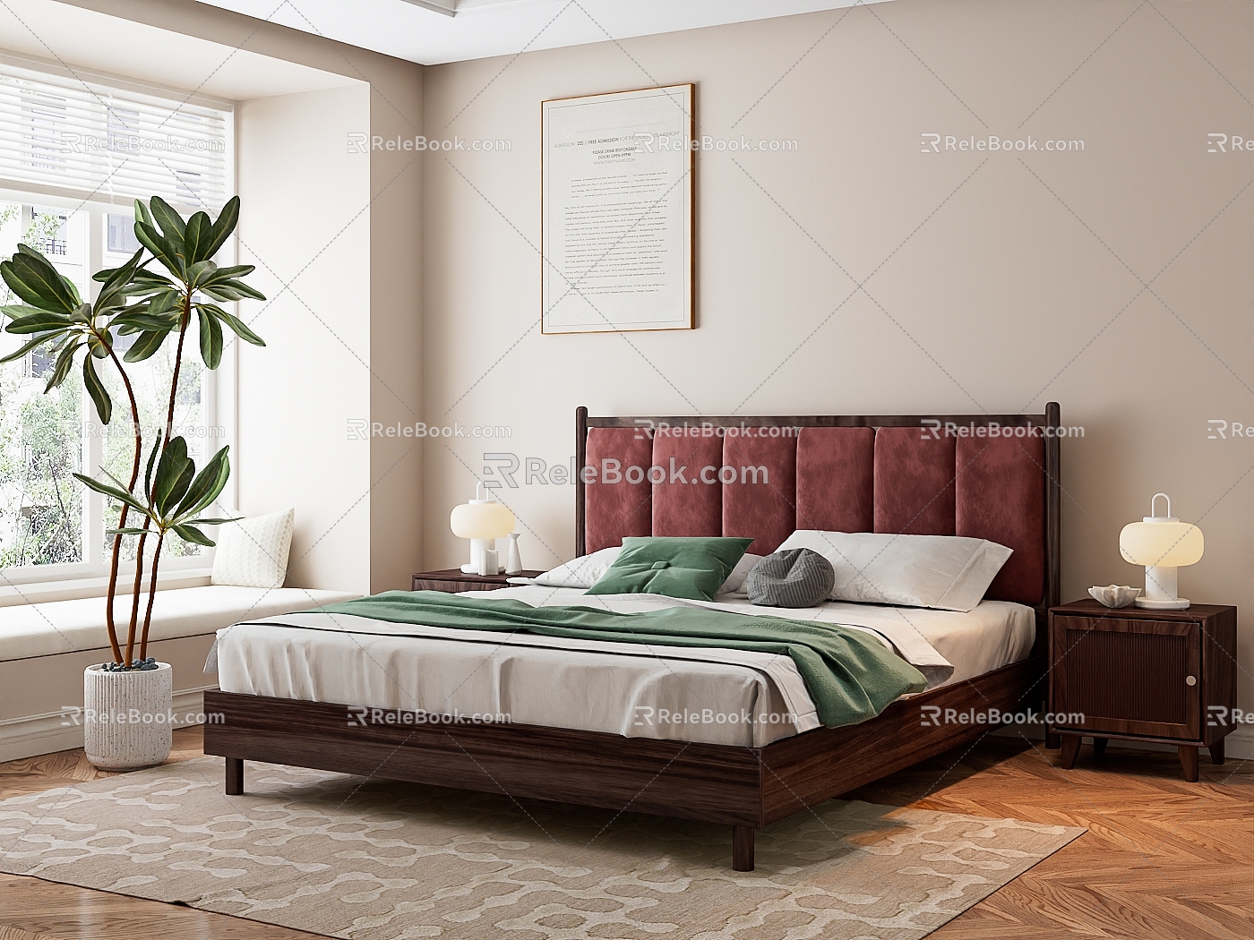 Antique Bedroom Double Bed Antique Solid Wood Bed New Chinese Style Green Plant Potted Bedside Table model