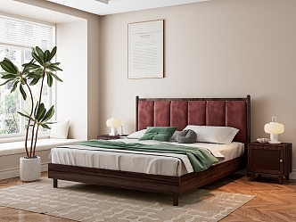 Antique Bedroom Double Bed Antique Solid Wood Bed New Chinese Style Green Plant Potted Bedside Table 3d model