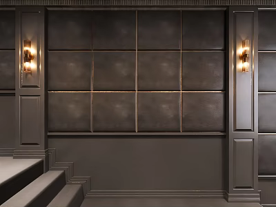 Dark Gray Leather Upholstered Wall Panel With Square Tufted Design Wooden Trim And Wall Sconces 3d model