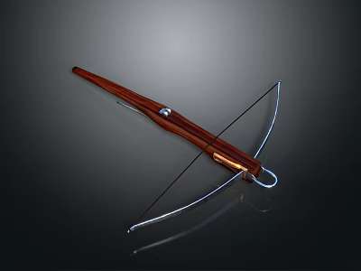 Traditional Wooden Bow As Ancient Weapon With Brown Body And Silver String 3d model