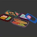 Black Divided Food Containers With Open Lid And Various Foods Including Fries Meat Vegetables