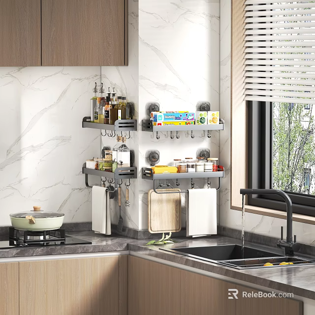 Organized Kitchen With Wall Mounted Shelves Holding Spices Food Containers And Cooking Utensils On Marble Walls 3d model 