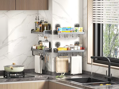 Organized Kitchen With Wall Mounted Shelves Holding Spices Food Containers And Cooking Utensils On Marble Walls 3d model