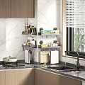 Organized Kitchen With Wall Mounted Shelves Holding Spices Food Containers And Cooking Utensils On Marble Walls