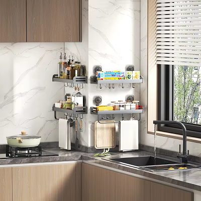 Organized Kitchen With Wall Mounted Shelves Holding Spices Food Containers And Cooking Utensils On Marble Walls 3d model