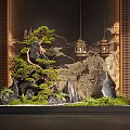 Traditional Chinese Indoor Landscape with Rockery Pine Tree Carved Wall and Hanging Lanterns