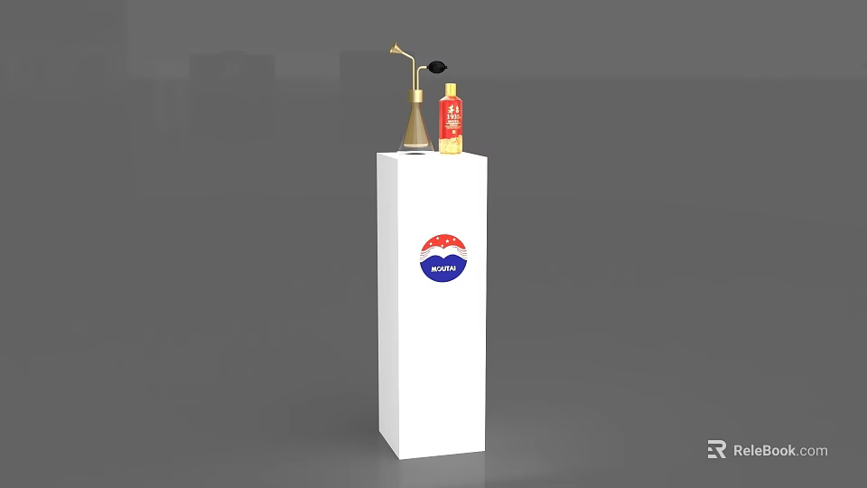 Gold Perfume and Red Cosmetics Bottles on White Display Stand with Blue Paris Logo 3d model 