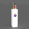 Gold Perfume and Red Cosmetics Bottles on White Display Stand with Blue Paris Logo
