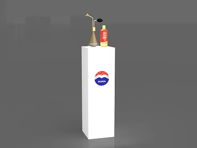 Gold Perfume and Red Cosmetics Bottles on White Display Stand with Blue Paris Logo 3d model