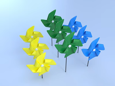 Colorful Yellow Blue Green Pinwheels With White Centers On Black Sticks Against Light Blue Background 3d model