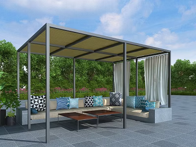 Modern Outdoor Pergola With Metal Frame Canopy Sofa Cushions And Coffee Table 3d model