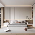 Modern Minimalist Bedroom Interior Design With Comfortable Bed Nightstand Bookshelf And Wardrobe
