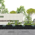Modern Garden Feature Wall With Circular Ornaments Green Trees And Stone Pavement