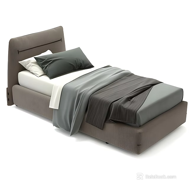 Modern Single Bed With Upholstered Gray Headboard White And Gray Pillows And Layered Quilt 3d model 
