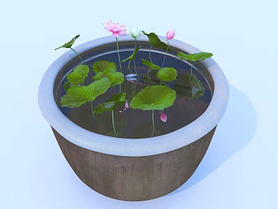 Decorative Water Container With Lotus Leaves Pink Flowers And Green Buds 3d model