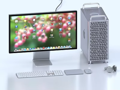 Modern Desktop Computer Setup With Monitor Tower Keyboard Mouse And Headphones 3d model