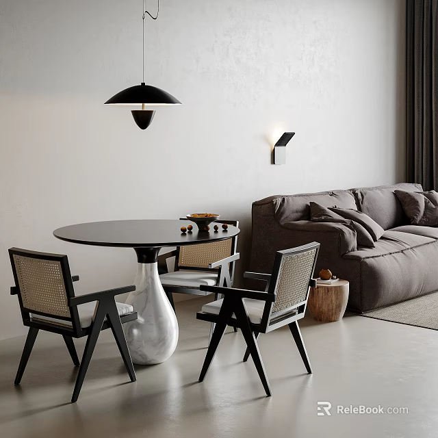 Modern Living Dining Area Interior With Sofa Rattan Chairs Round Table And Pendant Light 3d model 