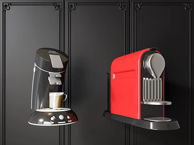 Modern Kitchen Appliances Featuring Black and Red Coffee Machines on Black Wall 3d model