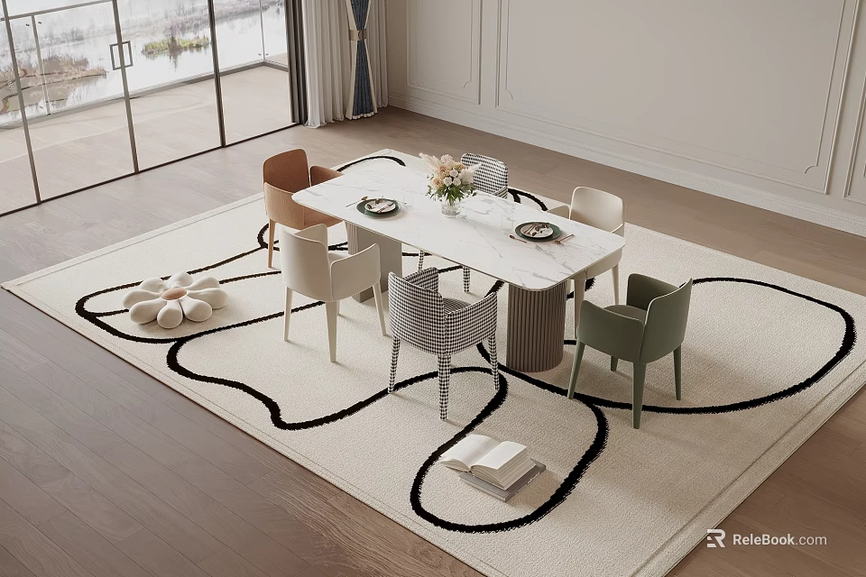 Modern Sofa Coffee Table Set With Scenic Window Colorful Accent Chairs And Patterned Rug 3d model 