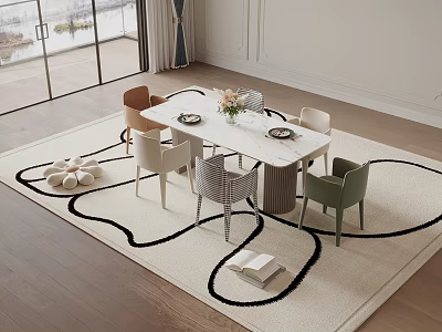 Modern Sofa Coffee Table Set With Scenic Window Colorful Accent Chairs And Patterned Rug 3d model