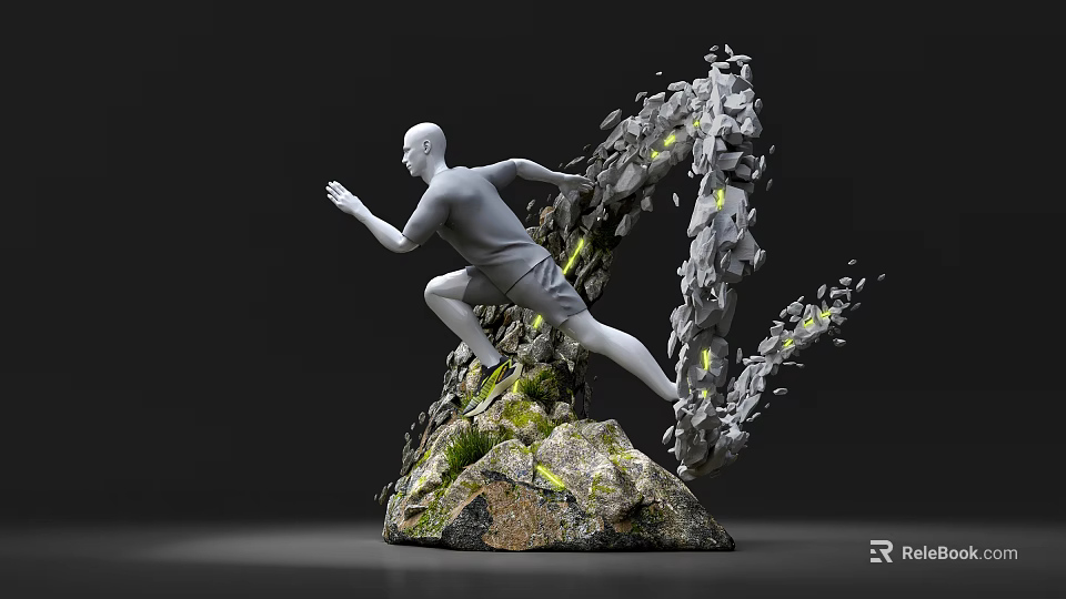 Running Human Sculpture With Broken Rocks Green Moss And Yellow Light Effects Against Gray Background 3d model 
