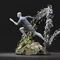 Running Human Sculpture With Broken Rocks Green Moss And Yellow Light Effects Against Gray Background 3d model