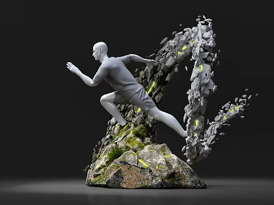Running Human Sculpture With Broken Rocks Green Moss And Yellow Light Effects Against Gray Background 3d model
