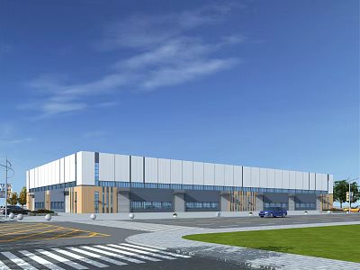 Modern Industrial Factory Building With Metal Panel Facade Large Glass Windows And Green Lawn Area 3d model