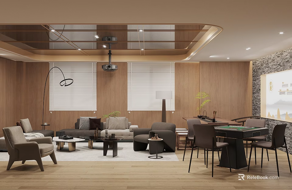 Modern Entertainment Room Interior With Wooden Walls Projector Sofas And Dining Table 3d model