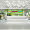 Supermarket Grocery Interior With Instant Food Shelves Bright Lighting And Counter