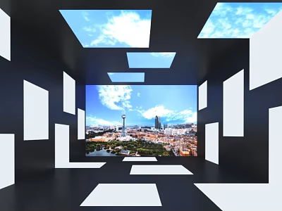Indoor Display Space With White Rectangular Panels Skylights And Cityscape Screen 3d model