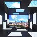Indoor Display Space With White Rectangular Panels Skylights And Cityscape Screen 3d model