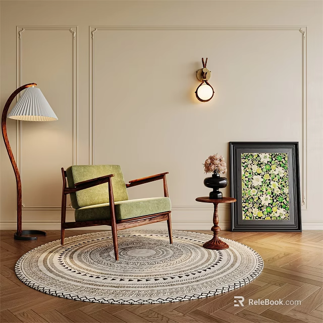 Accent Chair Featuring Floor Lamp Side Table Potted Flowers and Decorative Painting on Light-Colored Wall 3d model 