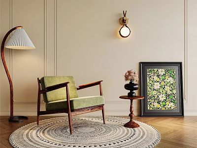 Accent Chair Featuring Floor Lamp Side Table Potted Flowers and Decorative Painting on Light-Colored Wall 3d model