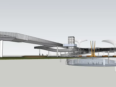 Modern Pergola Structure With Open Walkway Pedestrians And Connected Buildings 3d model