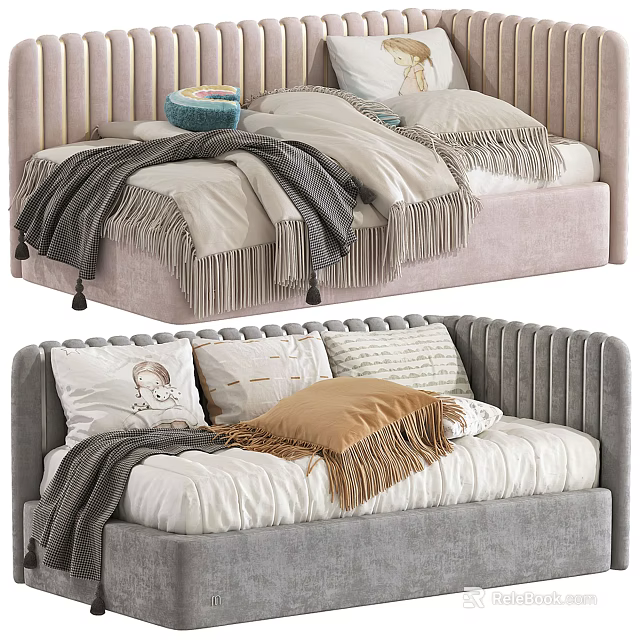 Modern Bed And Sofa Interior Design With Decorative Pillows And Fringe Details 3d model 