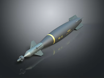 Gray Military Missile With Yellow Stripes Pointed Nose Fins And Text Details 3d model