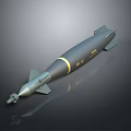 Gray Military Missile With Yellow Stripes Pointed Nose Fins And Text Details