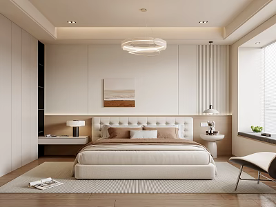 Modern Bedroom Interior With Beige Walls Decorative Painting Pendant Light Bedside Tables And Accent Chair 3d model