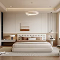 Modern Bedroom Interior With Beige Walls Decorative Painting Pendant Light Bedside Tables And Accent Chair