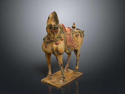 Traditional Artistic Colorful Horse Sculpture With Decorative Saddle And Square Base 3d model