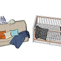 Cozy Baby Crib with Modern Sofa Colorful Pillows Soft Blanket and Blue Stuffed Toy