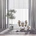 Gray Curtains with Roller Blinds in Cozy Interior with Potted Plant and Stuffed Toys