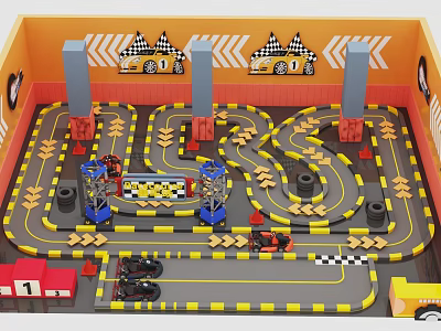 Toy Racing Track With Curved Lanes Checkered Flags Yellow Black Borders And Toy Cars 3d model