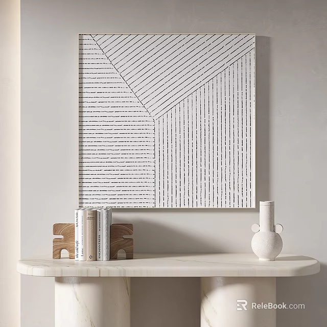 Geometric Line Artwork Above Marble Tabletop With Books And White Vase 3d model 
