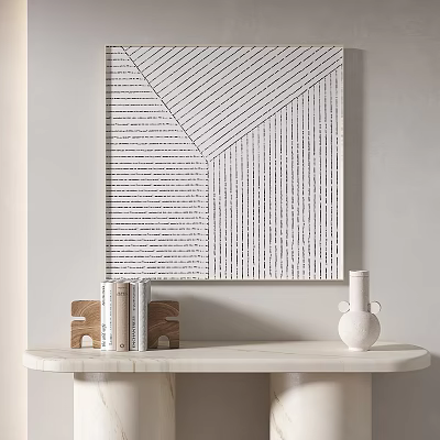 Geometric Line Artwork Above Marble Tabletop With Books And White Vase 3d model