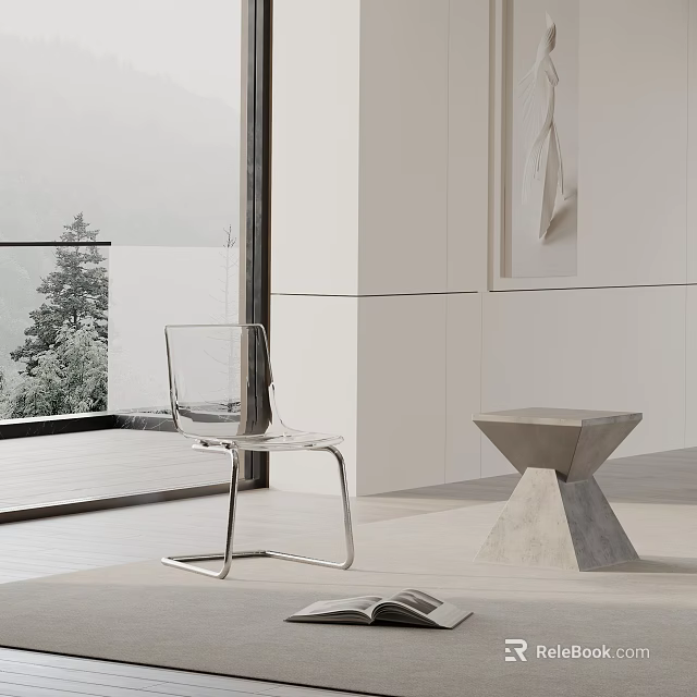 Transparent Dining Chair in Modern Interior with Large Window Trees Outside and Stone Side Table 3d model 